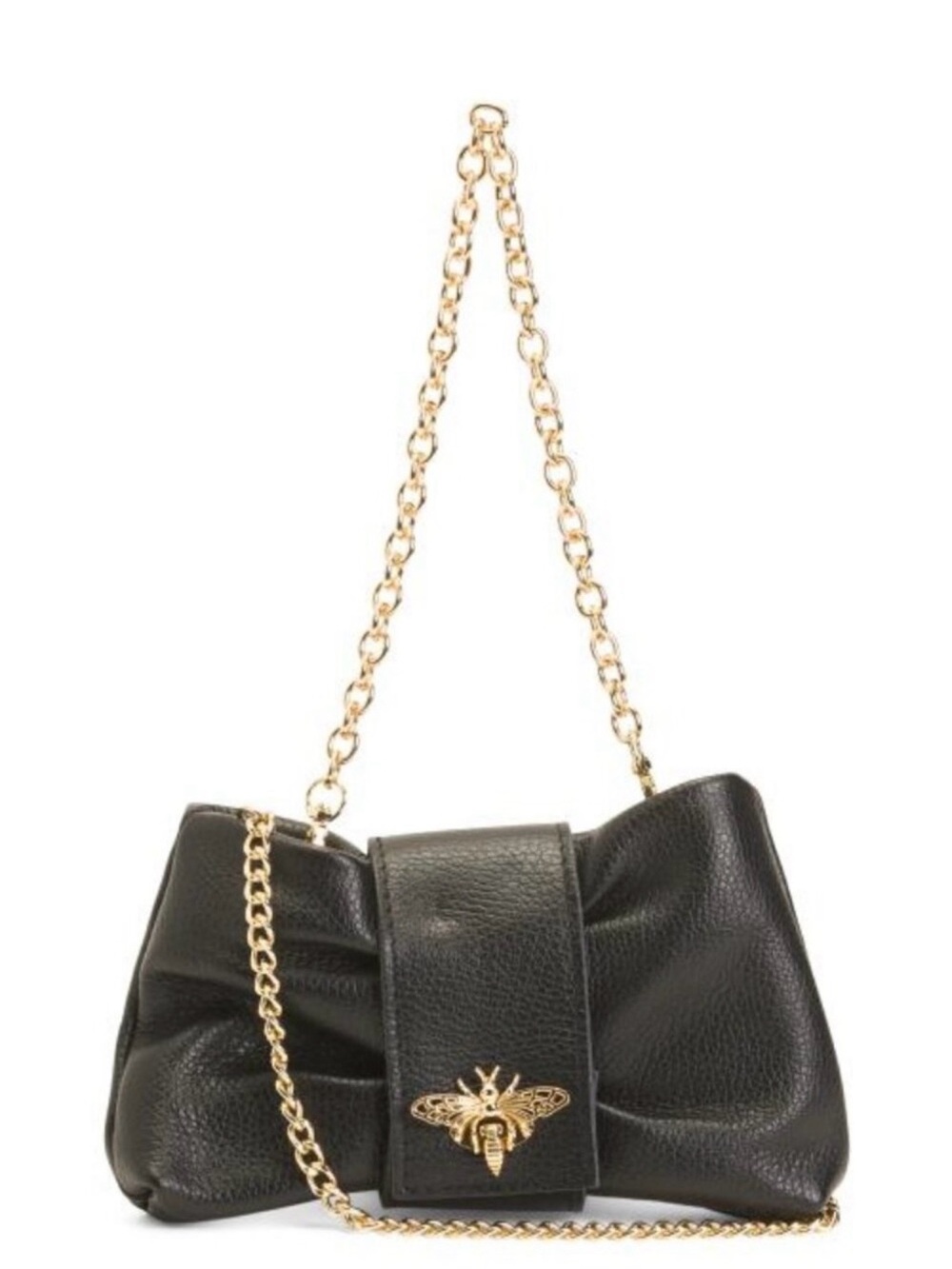 Persaman Black Bow Shoulder Bag Bee Logo, Gold Chain Strap, Zip, Detachable